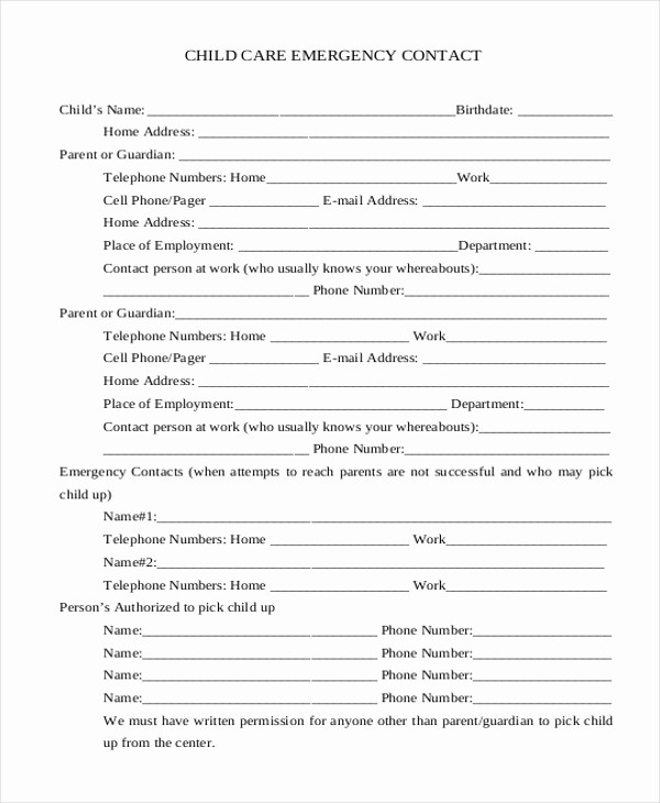 Emergency Contact Sheet for Nanny Unique Sample Emergency Contact form 11 Free Documents In Word