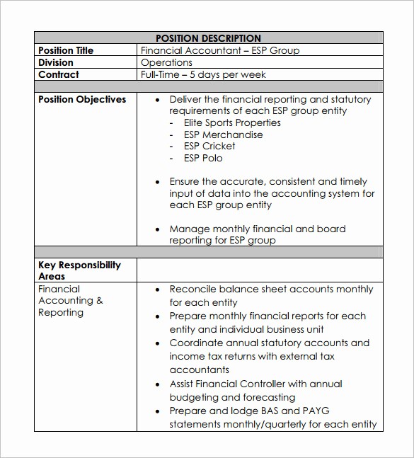Employee Duties and Responsibilities Template Awesome Accountant Job Description Template 11 Free Word Pdf
