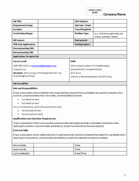 Employee Duties and Responsibilities Template New Job Description form