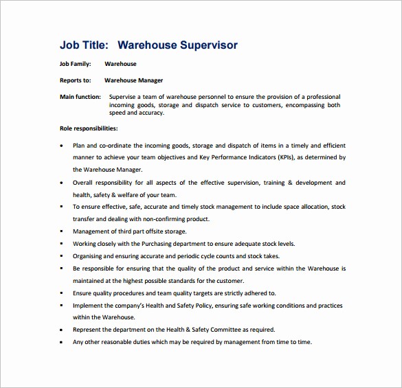 Employee Duties and Responsibilities Template Unique 9 Supervisor Job Description Templates
