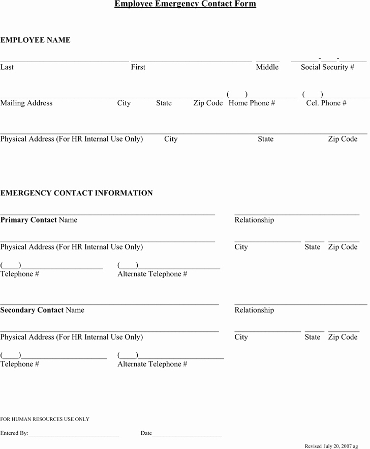 Employee Emergency Contact form Word Awesome Employee Emergency Contact forms