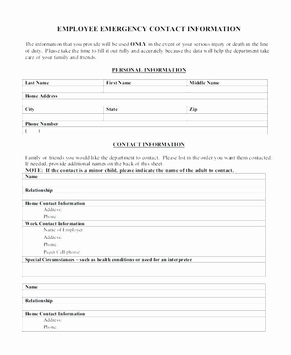 Employee Emergency Contact form Word Inspirational Employee Emergency Contact Template Emergency Contact