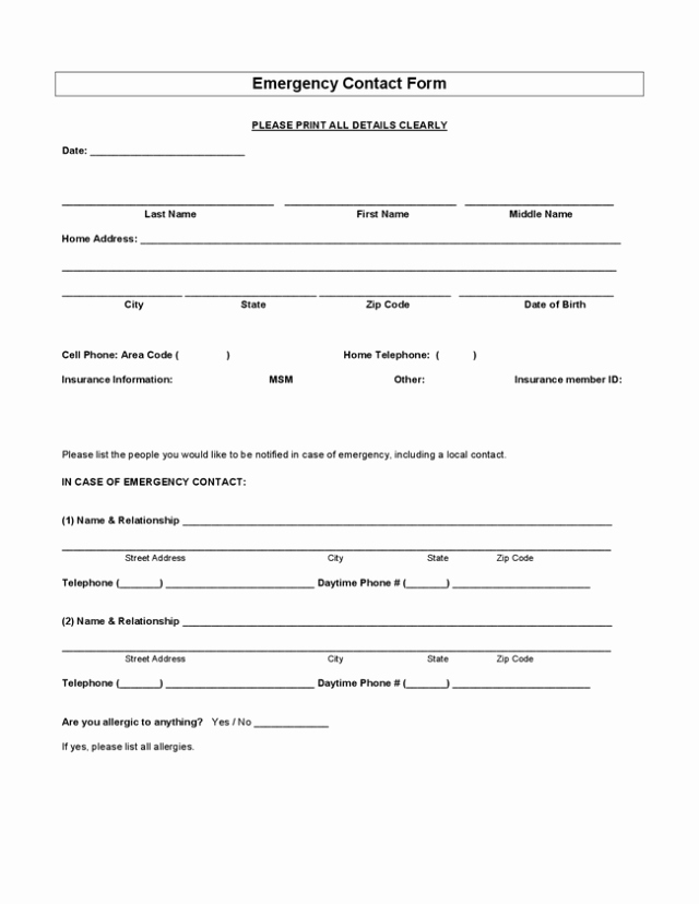 Employee Emergency Contact form Word Unique Employee Emergency Contact forms Find Word Templates