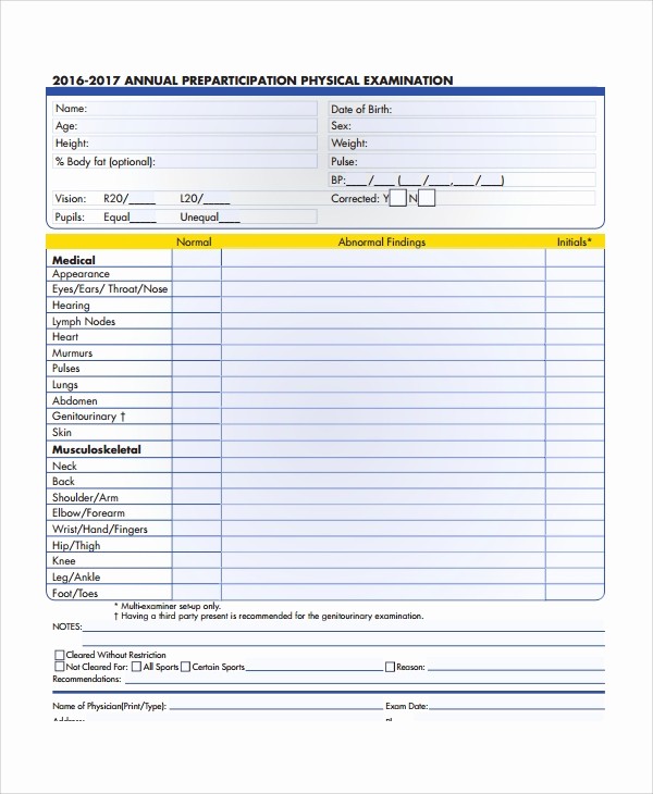 Employee Physical Exam form Template Awesome 9 Sample Physical Exam forms – Pdf
