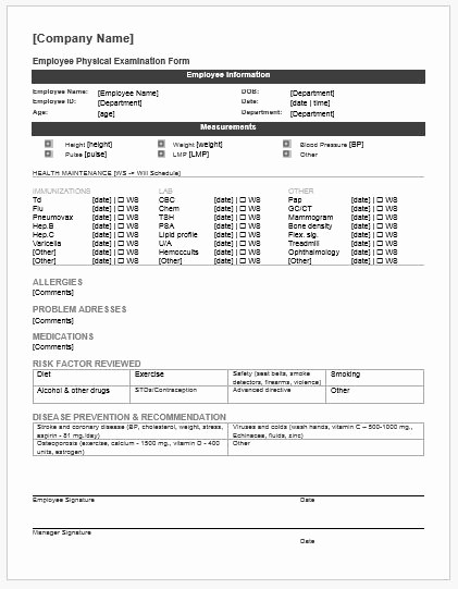 Employee Physical Exam form Template Beautiful Employee Physical Examination forms Ms Word