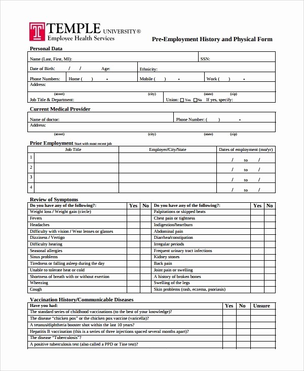 Employee Physical Exam form Template Inspirational Basic Physical Exam forms Printable