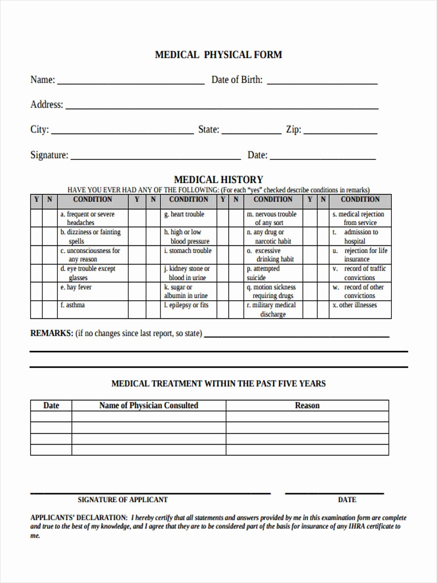 Employee Physical Exam form Template Inspirational Sample Basic Physical form 7 Free Documents In Word Pdf