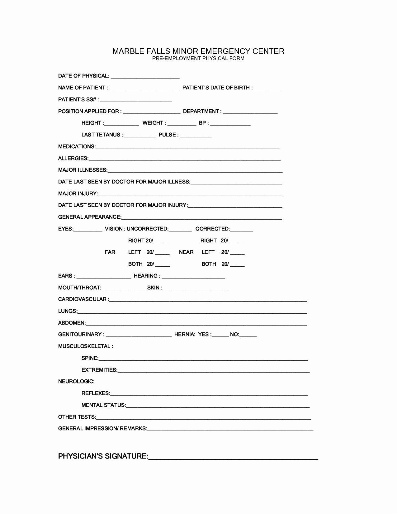 Employee Physical Exam form Template Lovely Work Physical Exam Blank form Bing Images