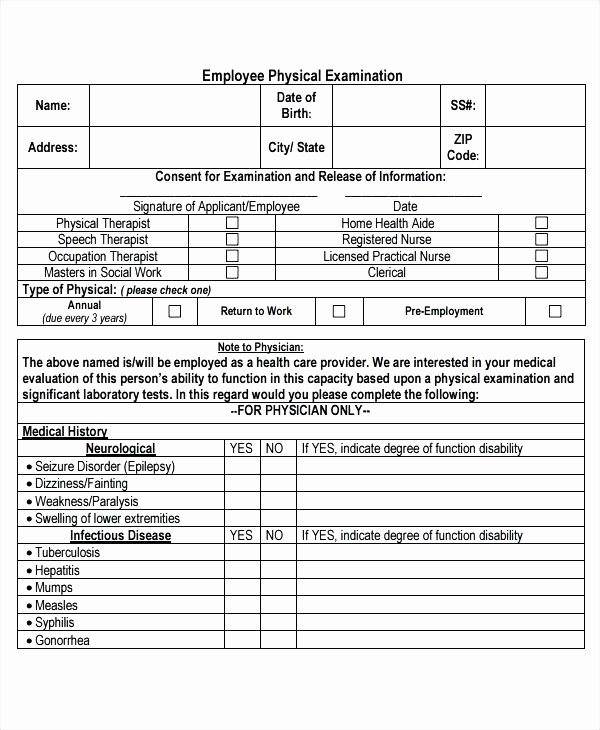 Employee Physical Exam form Template Unique Health Physical form Template Sample Physical Exam form