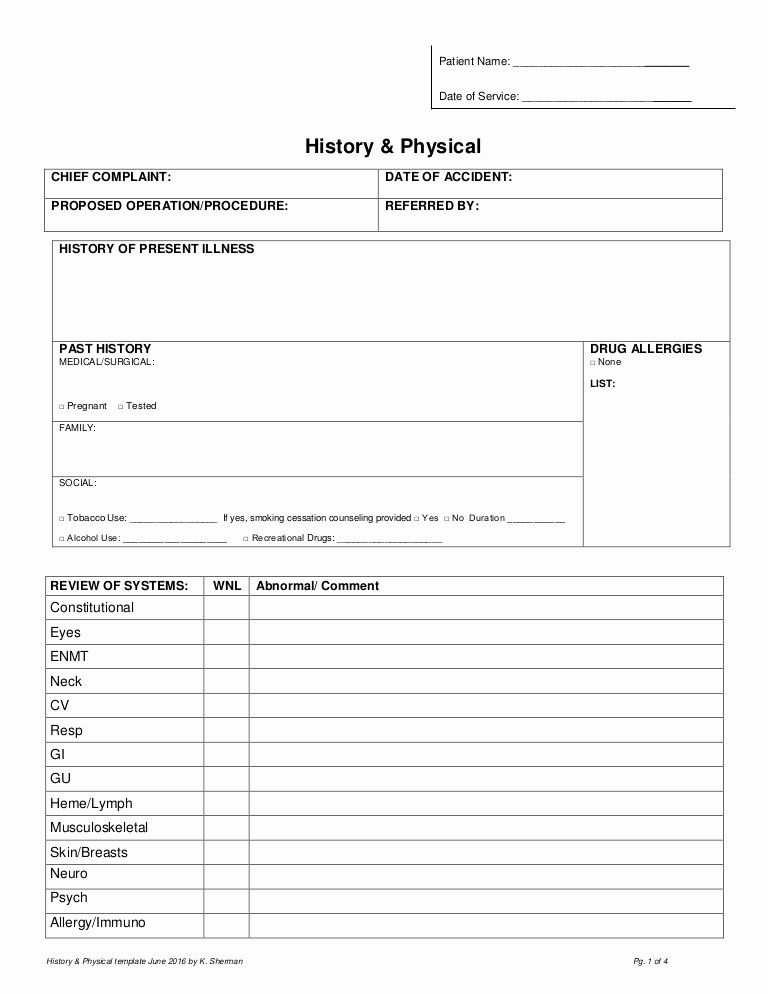 Employee Physical Exam form Template Unique History &amp; Physical form Pdf