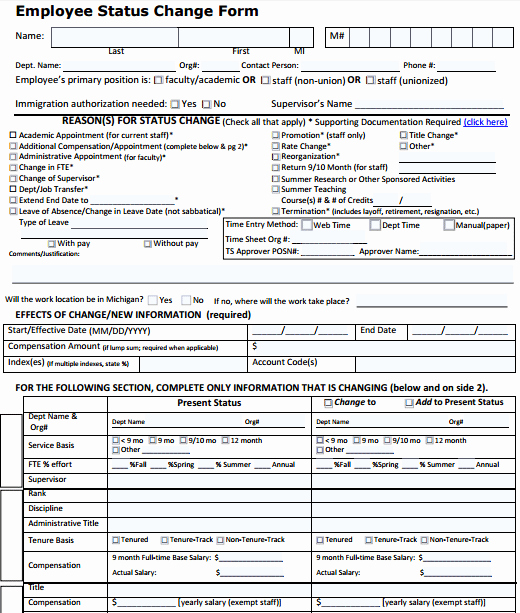 Employee Status Change Template Excel Lovely 6 Employee Status Change forms Word Excel Templates
