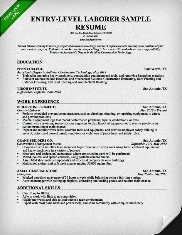 Entry Level Resume Cover Letter Best Of Entry Level General Labor Resume Samples