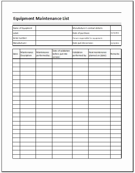 Equipment Maintenance Log Template Excel Beautiful Equipment Maintenance List Template Ms Excel