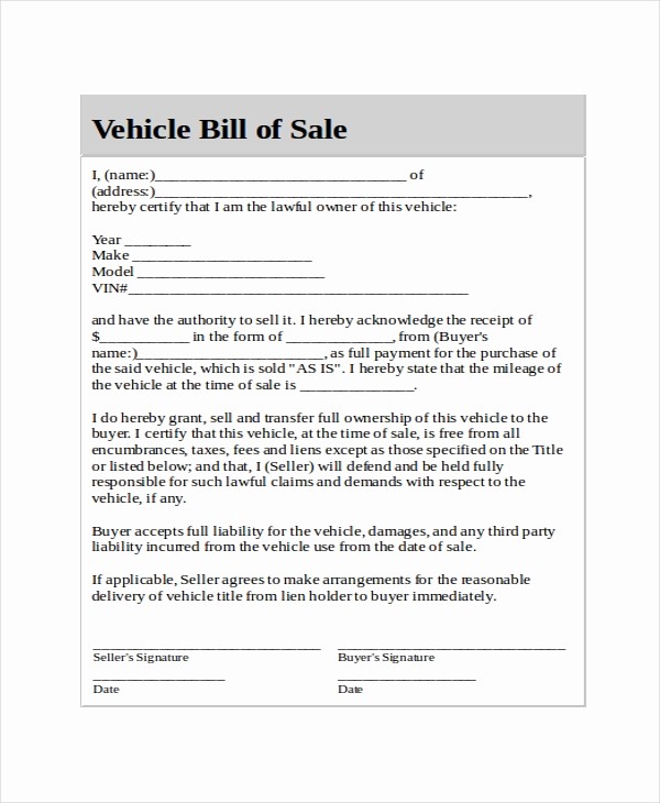 Example Car Bill Of Sale Lovely Generic Bill Of Sale Template 12 Free Word Pdf