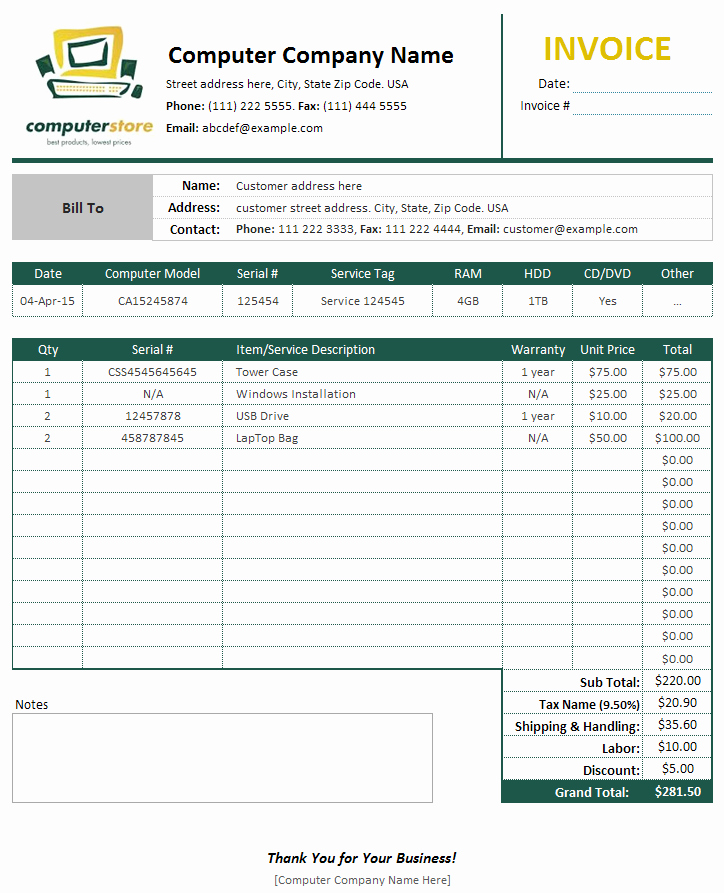 Example Of Invoice for Services Elegant Puter Sales &amp; Service Invoice Template