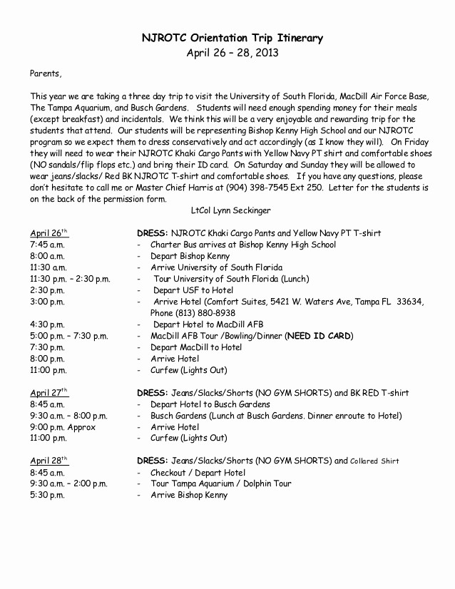 Example Of Itinerary for tour Fresh Bishop Kenny Njrotc Spring Trip Itinerary for Parents
