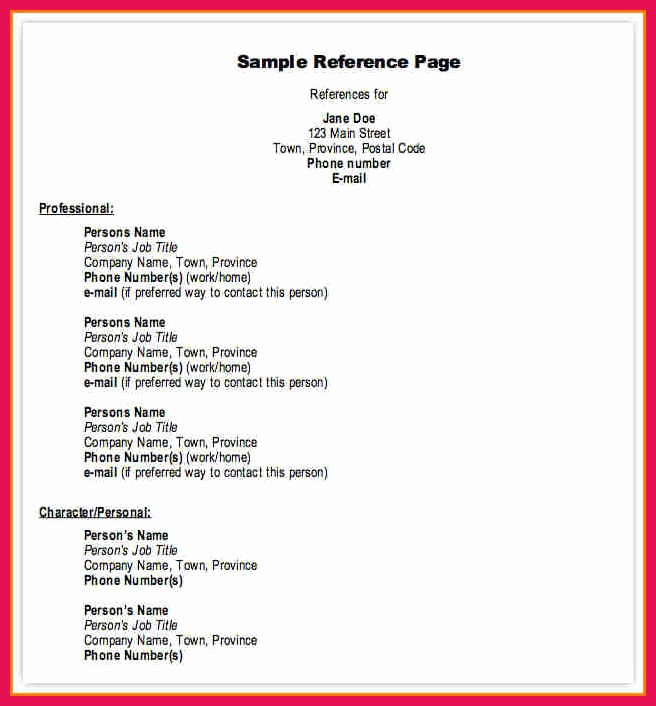 Example Of Professional References Page Fresh Professional References format
