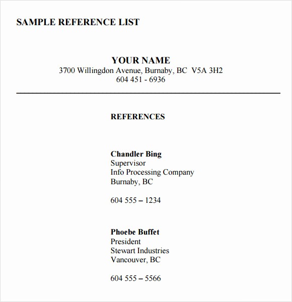 Example Of Professional References Page Inspirational List References Template
