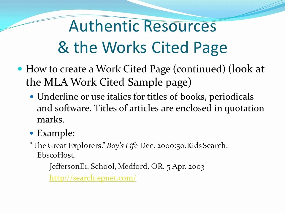 Example Of Work Cited Mla Elegant Authentic Resources &amp; the Works Cited Page Ppt Video