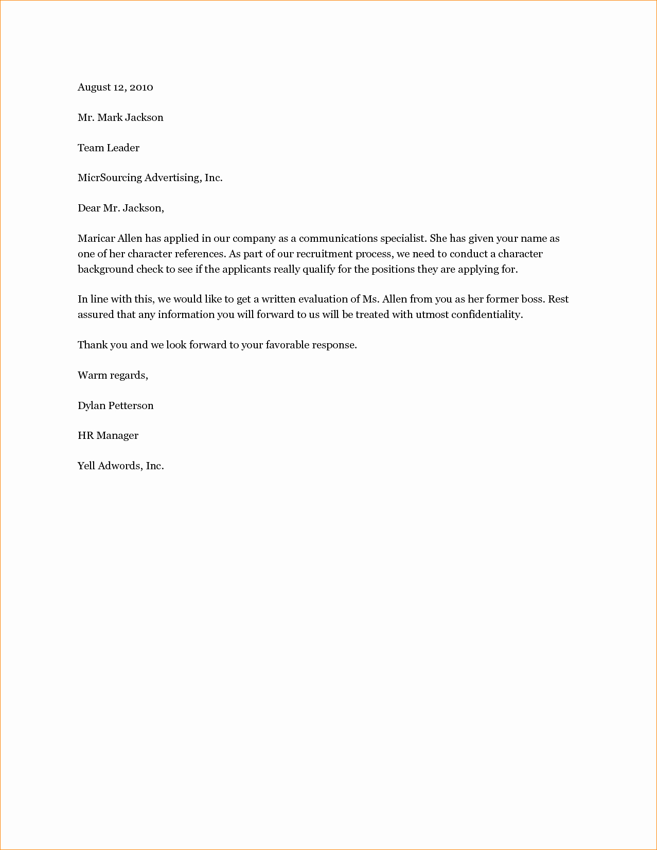 Examples Of A Reference Letter Lovely Sample Character Reference Letter