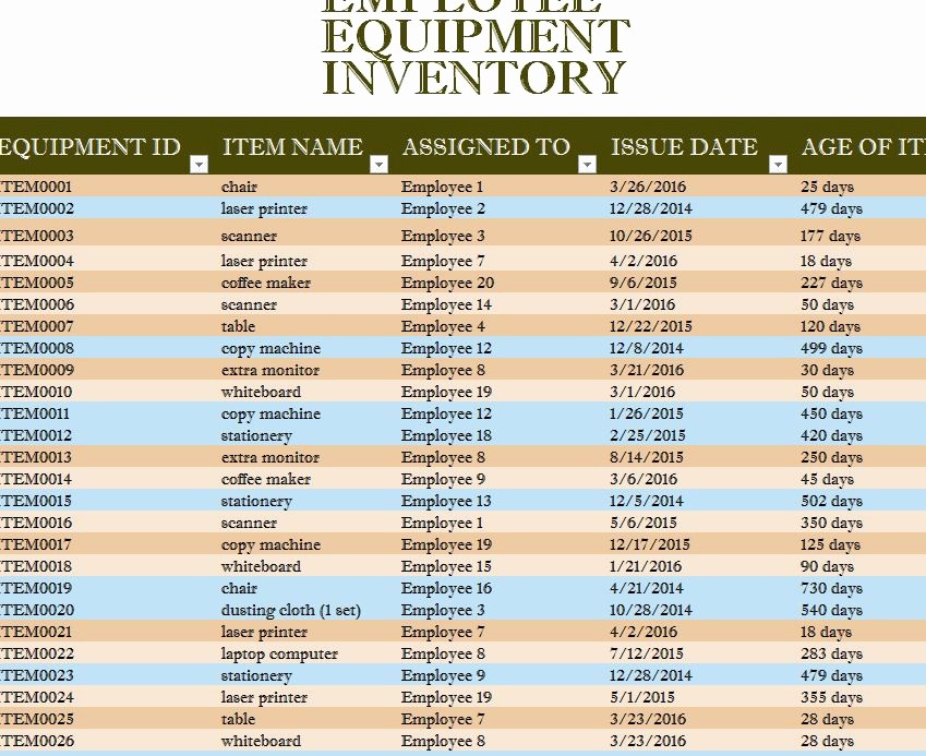 Excel Equipment Inventory List Template New Employee Equipment Inventory Sheet My Excel Templates