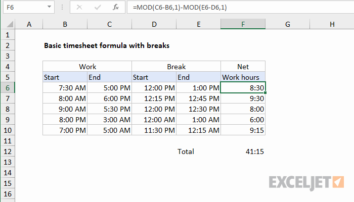 Excel formula for Payroll Hours Unique Excel formula Basic Timesheet formula with Breaks
