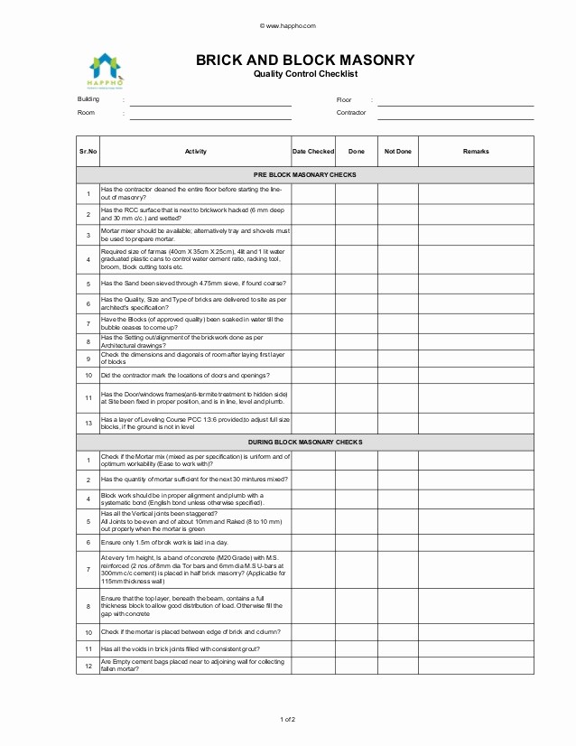 Excel Quality Control Checklist Template Fresh Brickwork and Blockwork Masonry Quality Control Checklist