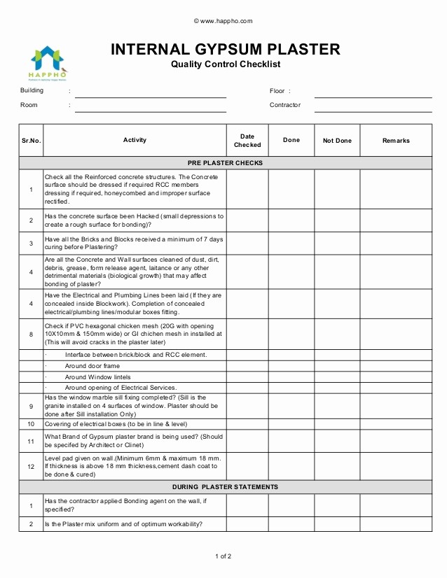 Excel Quality Control Checklist Template Lovely Internal Gypsum Plaster Quality Control Checklist