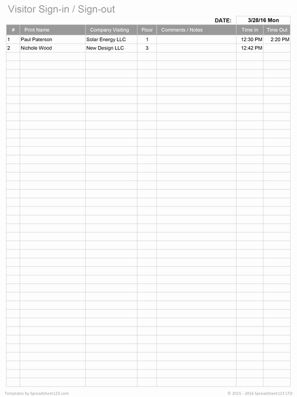 Excel Template Sign In Sheet Elegant Printable Sign In Worksheets and forms for Excel Word and Pdf