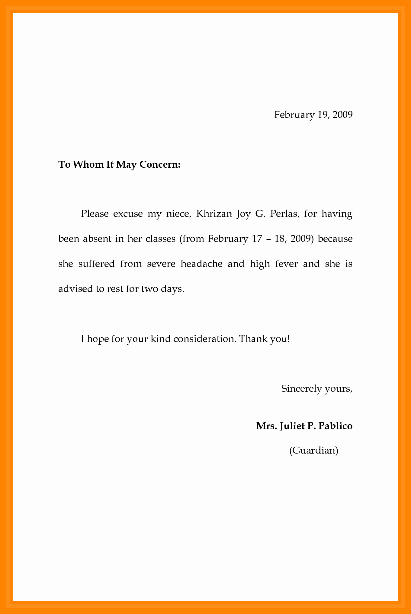 Excused Absence Letter for School Best Of 7 Example Of Absence Letter