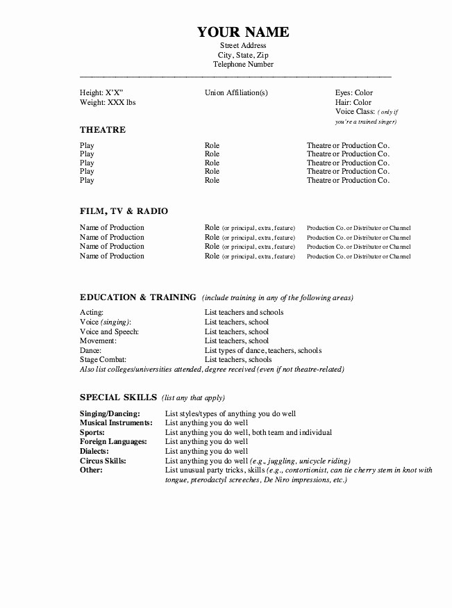 Fill In Resume Template Free Inspirational Fill In the Blank Acting Resume Template