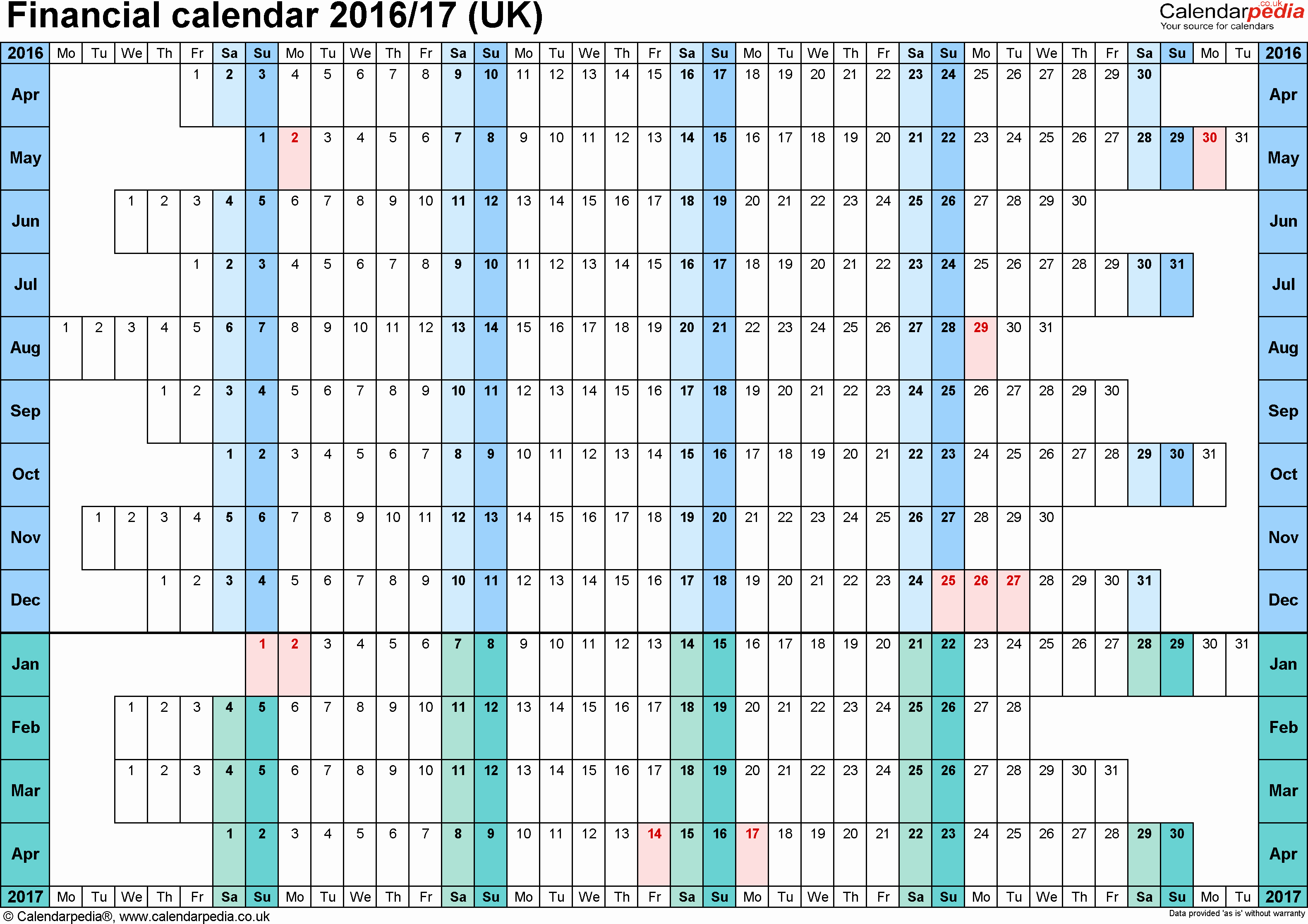 Fiscal Year Calendar 2016 Template Unique Financial Calendar 2016 2017