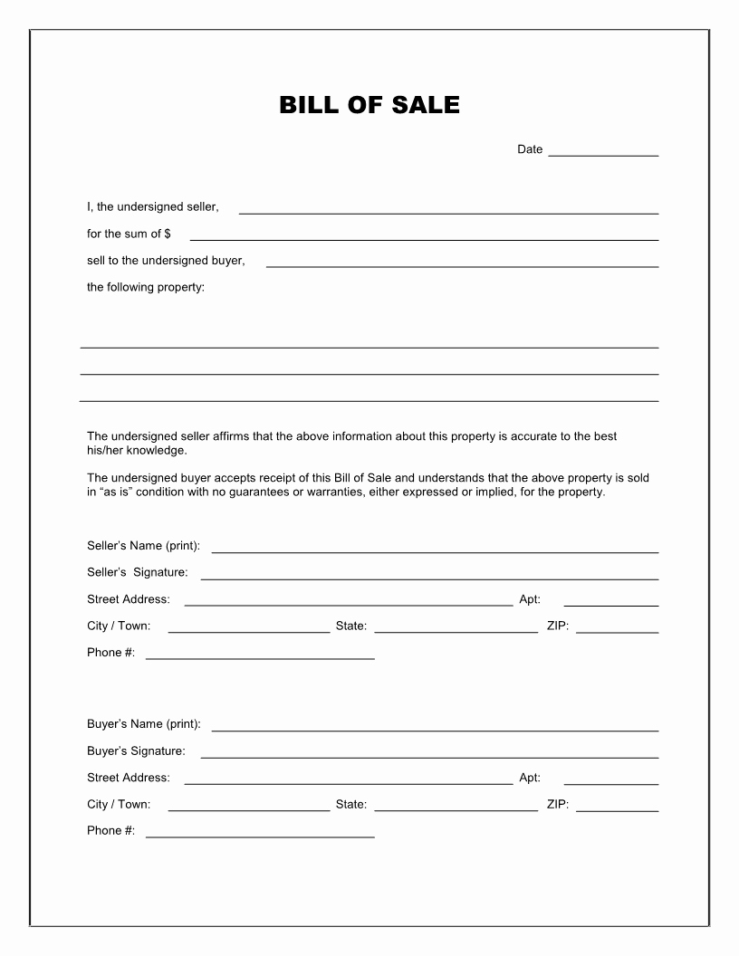 For Sale as is form Fresh Free Printable Bill Of Sale Templates form Generic