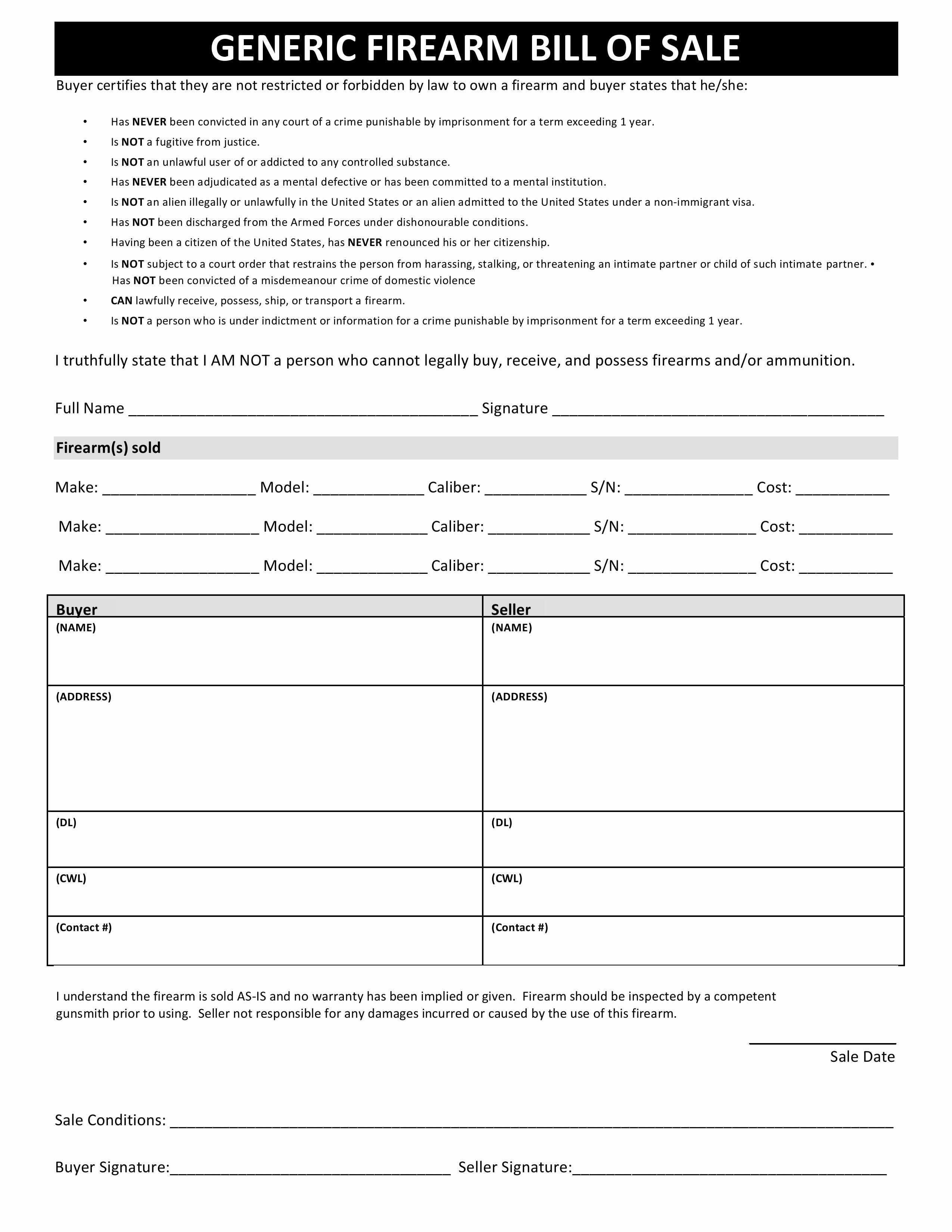 Form for Bill Of Sale Awesome Free Generic Firearm Bill Of Sale form Pdf Word