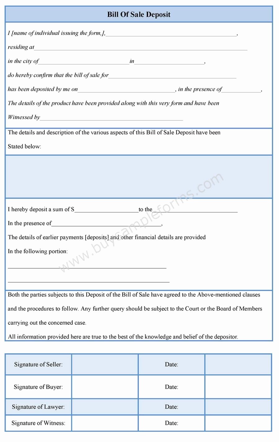 Form for Bill Of Sale Elegant Bill Of Sale Deposit form Bill Of Sale forms