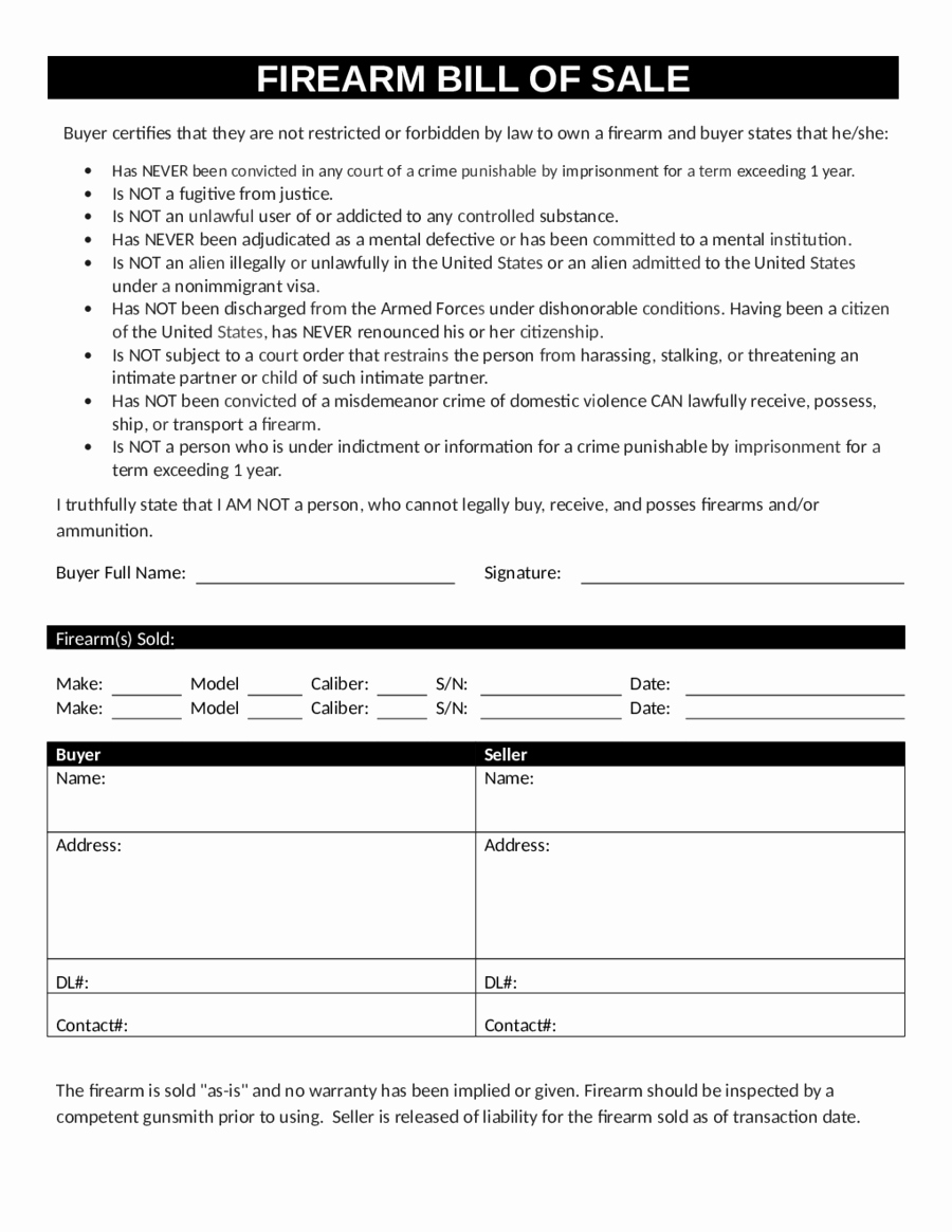 Form for Bill Of Sale Fresh 2018 Firearm Bill Of Sale form Fillable Printable Pdf