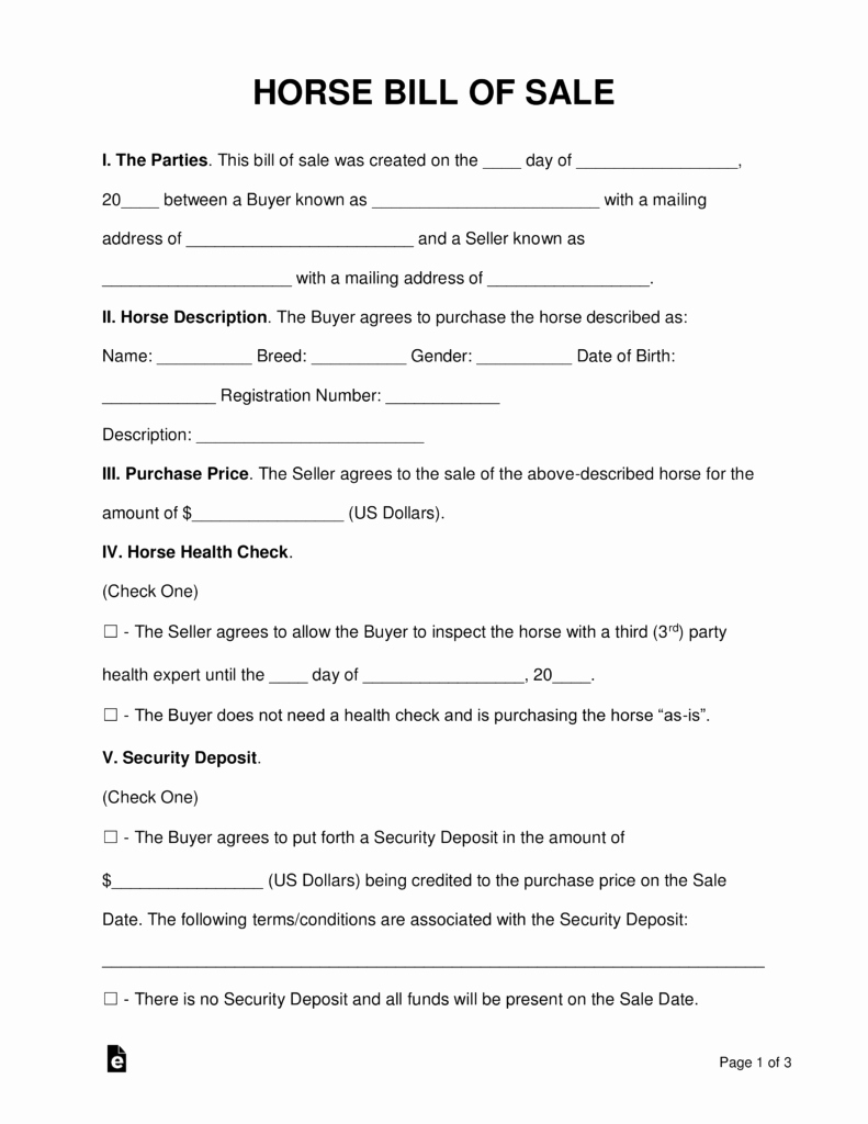 Form for Bill Of Sale Fresh Free Horse Bill Of Sale form Pdf Word