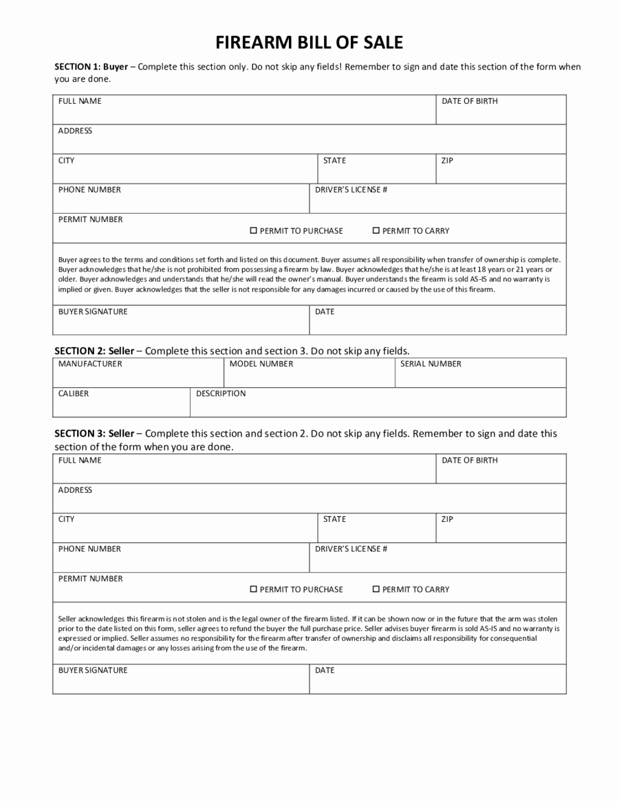 Form for Bill Of Sale New 2019 Firearm Bill Of Sale form Fillable Printable Pdf