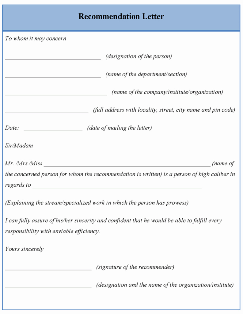 Form for Letter Of Recommendation Lovely Letter Template for Re Mendation format Of