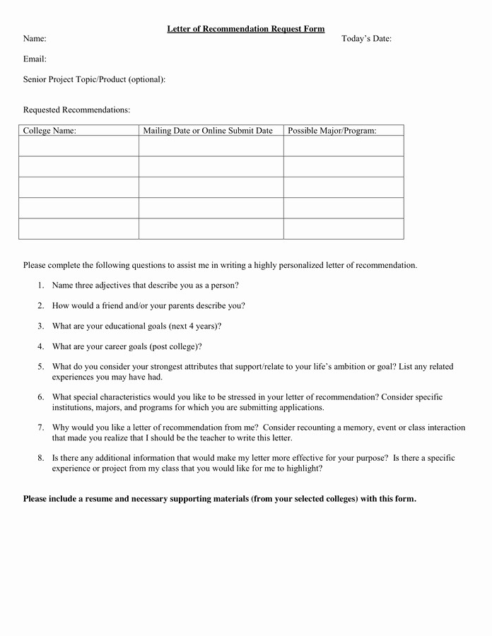 Form for Letters Of Recommendation Awesome Letter Re Mendation forms Letter Of Re Mendation