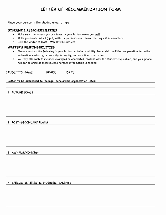 Form for Letters Of Recommendation Inspirational Letter Of Re Mendation form In Word and Pdf formats