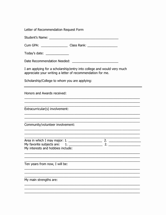 Form for Letters Of Recommendation Unique Letter Re Mendation form for College