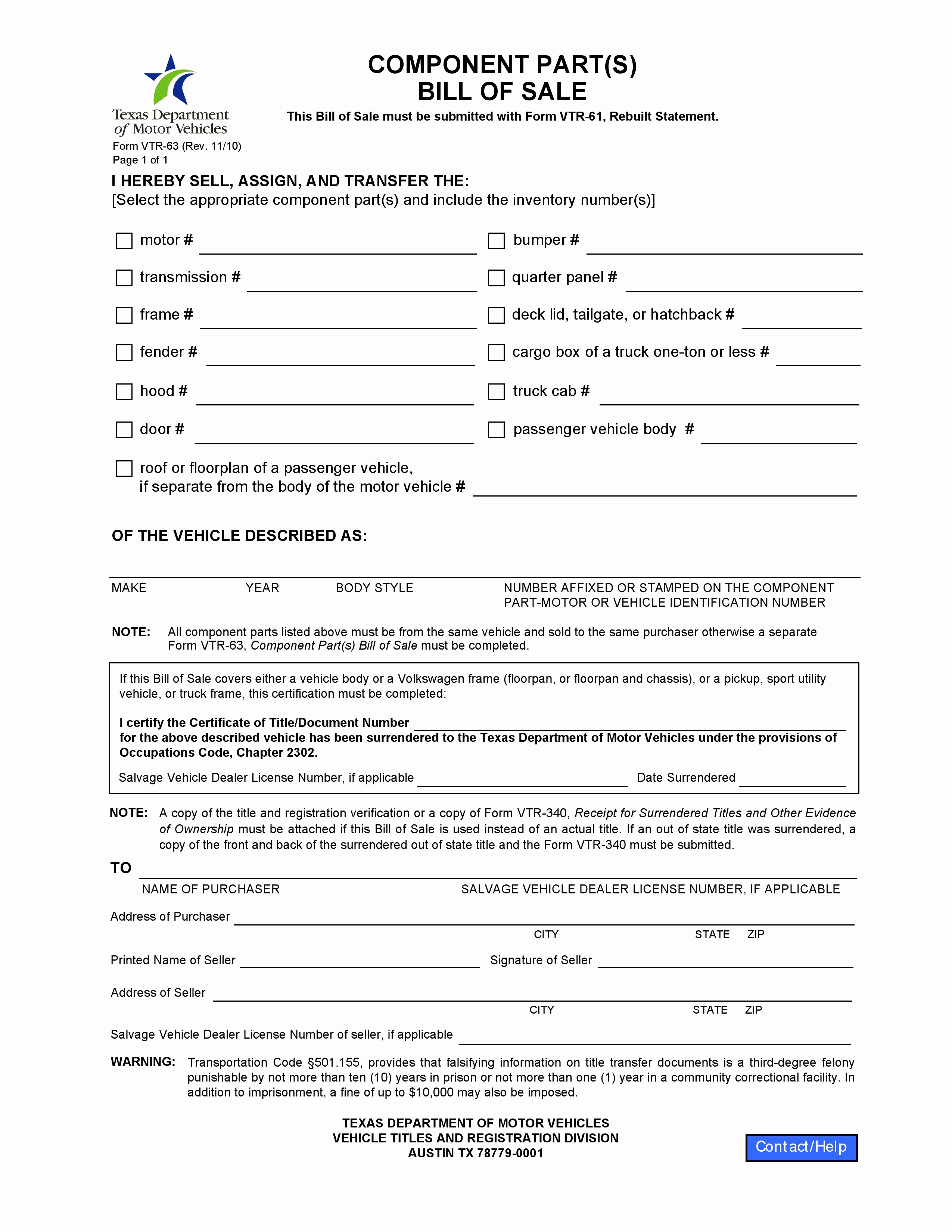 Form Of Bill Of Sale Best Of Free Texas Ponents Parts Bill Of Sale form Pdf
