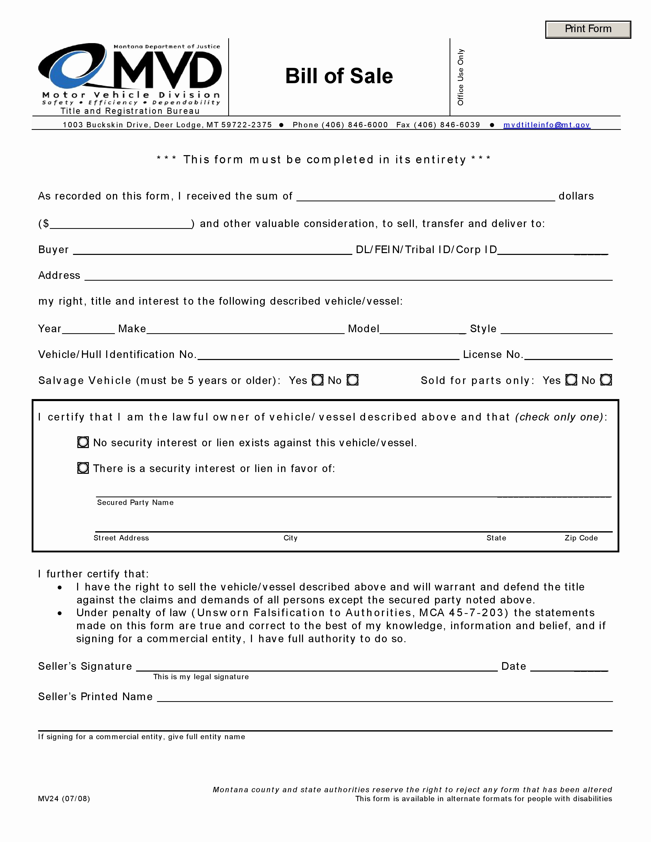 Form Of Bill Of Sale New Free Montana Vehicle Bill Of Sale form Pdf Word