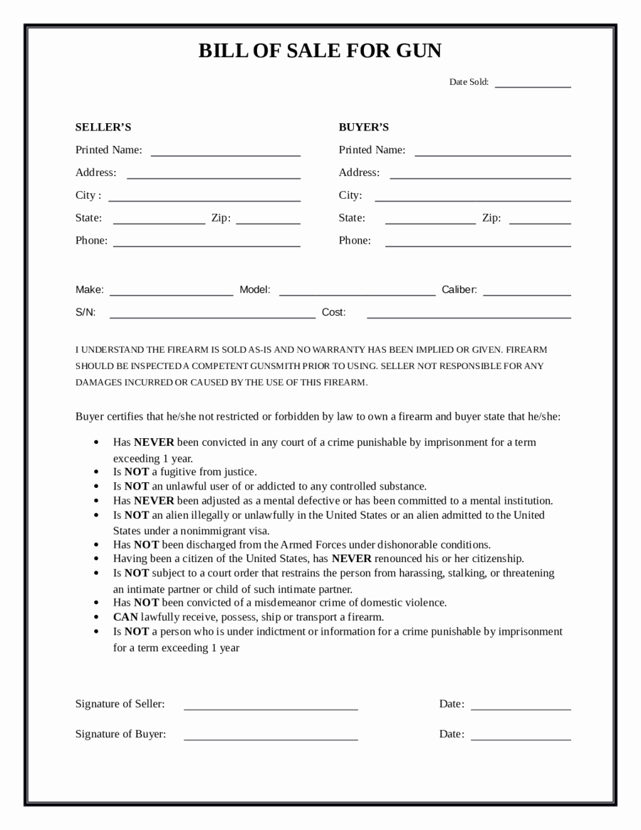 Form Of Bill Of Sale Unique 2019 Firearm Bill Of Sale form Fillable Printable Pdf