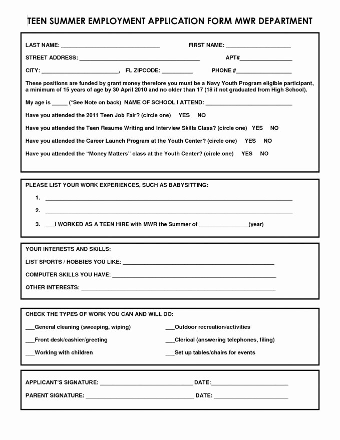 Form Of Resume for Job Beautiful Job Applications for Teen Free Cum Fiesta