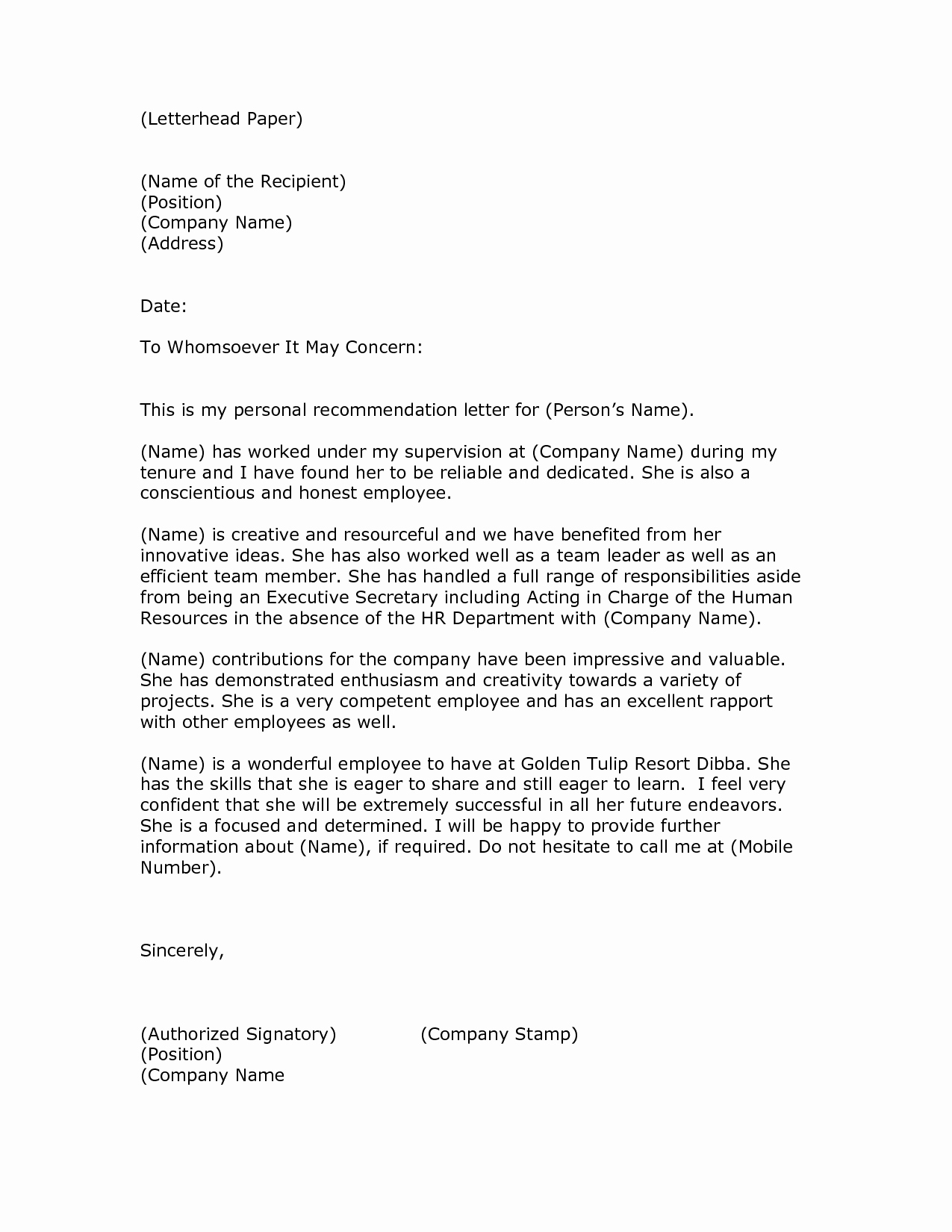 Formal Letter Of Recommendation Template Fresh Letter Of Re Mendation format