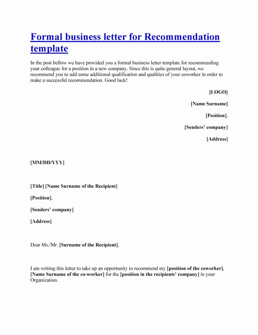 Format Of A Recommendation Letter Lovely 43 Free Letter Of Re Mendation Templates &amp; Samples