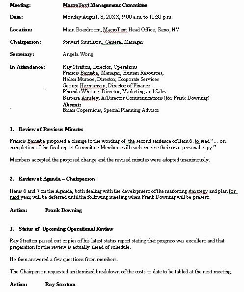 Format Of Minute Of Meeting Inspirational Meeting Minutes Sample format for A Typical Meeting