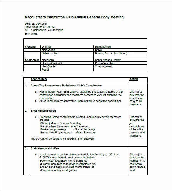 Format Of Minutes Of Meetings Unique Club Meeting Minutes Templates 8 Free Sample Example